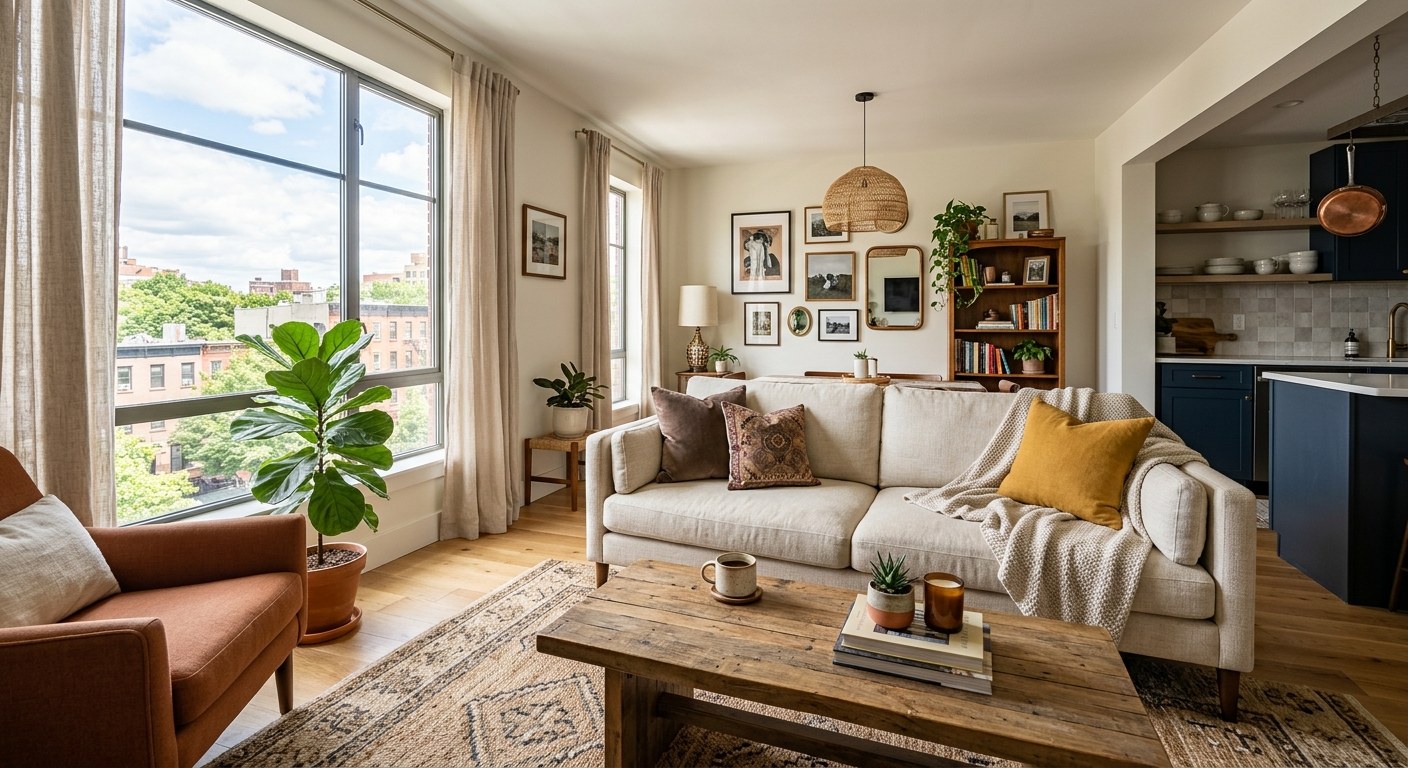 Apartment living room with a sofa, shelves and a large window