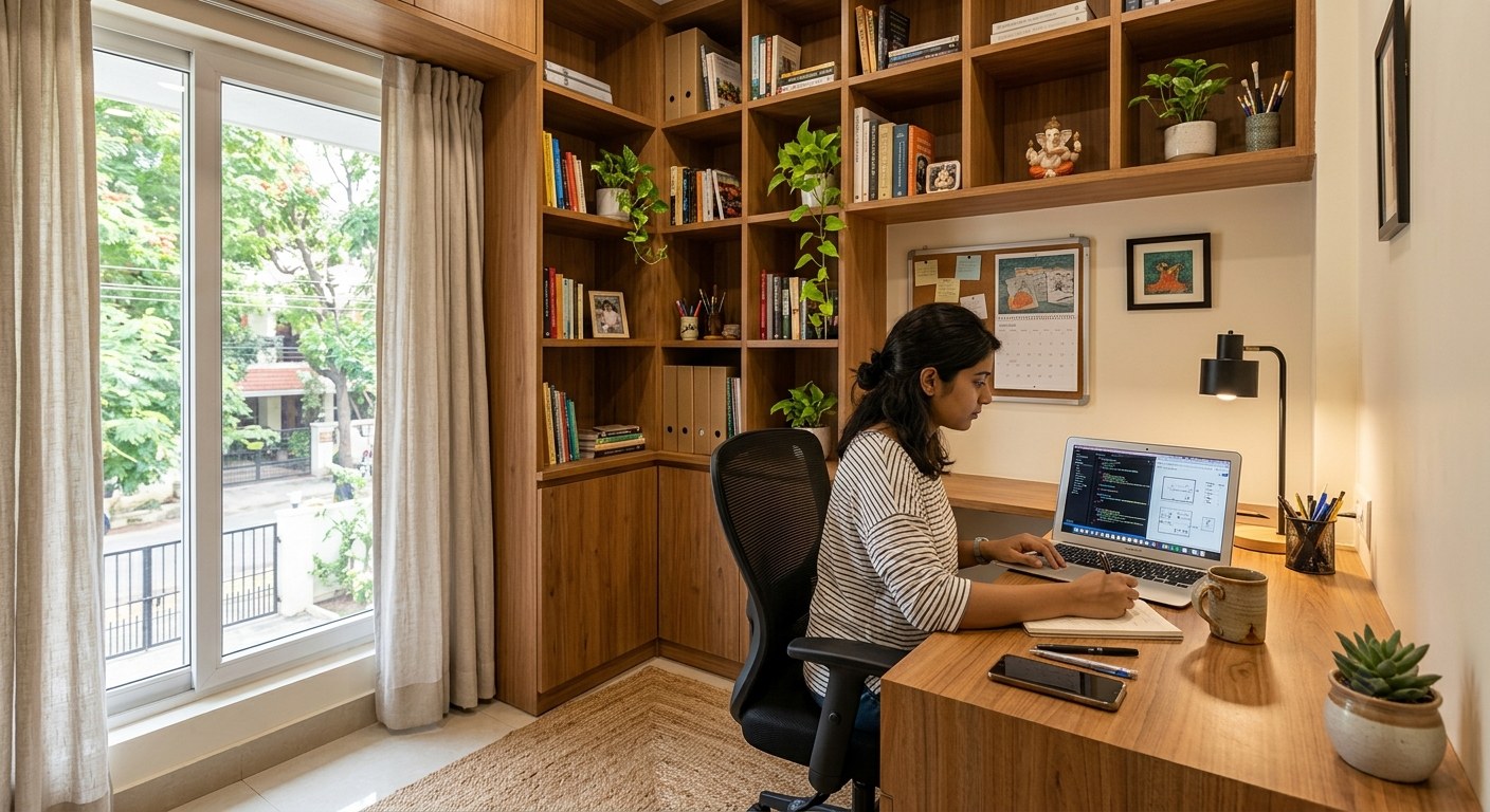 Study area with wooden bookshelves, a desk and a large window