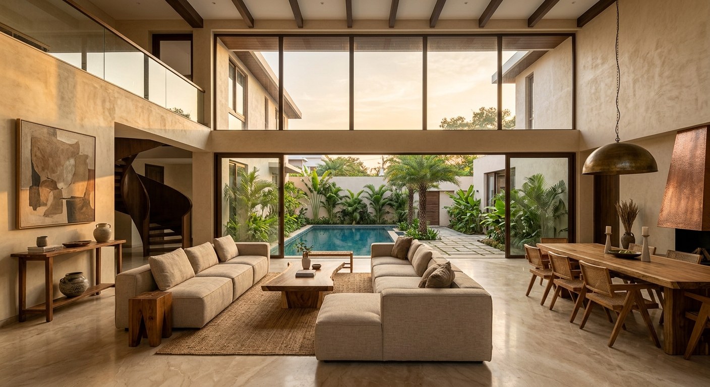 Villa living and dining area with a double-height ceiling and large glass doors